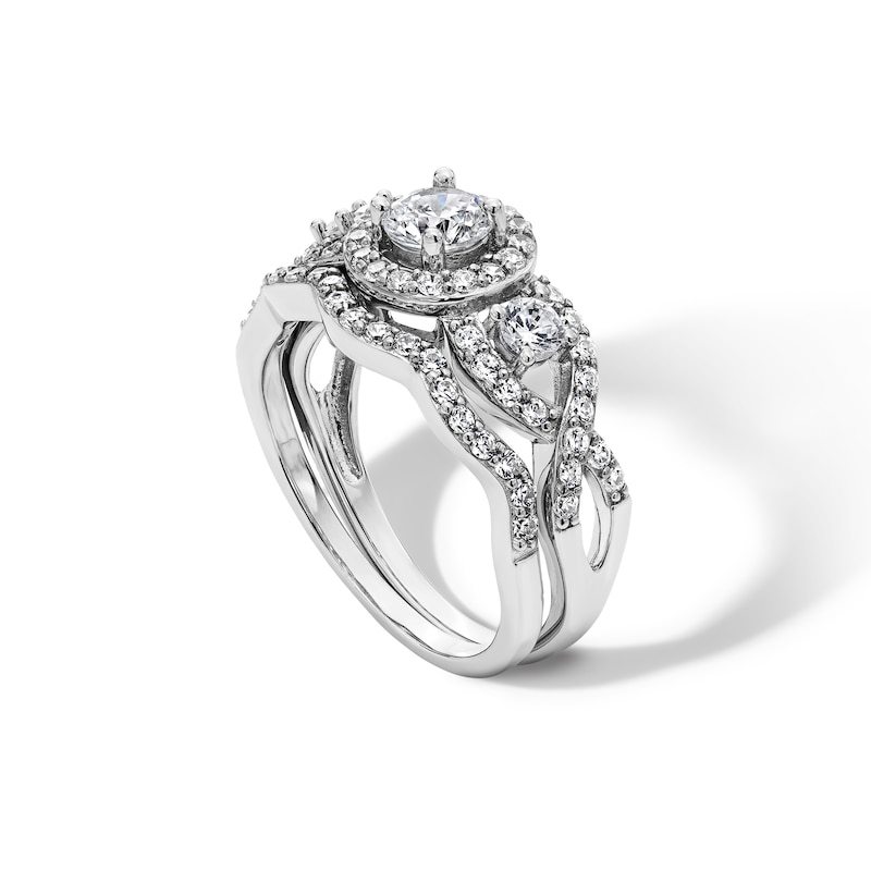 Main Image 4 of Cubic Zirconia Three Stone Frame Twist Shank Bridal Set in Sterling Silver
