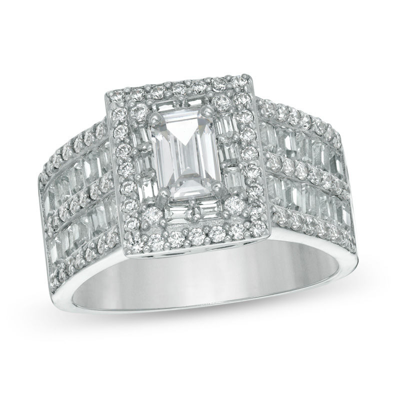 Emerald-Cut Cubic Zirconia Double Frame Multi-Row Ring in Sterling Silver - Size 7