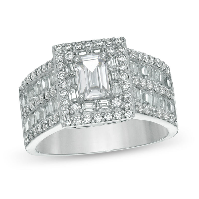 Main Image 1 of Emerald-Cut Cubic Zirconia Double Frame Multi-Row Ring in Sterling Silver - Size 7