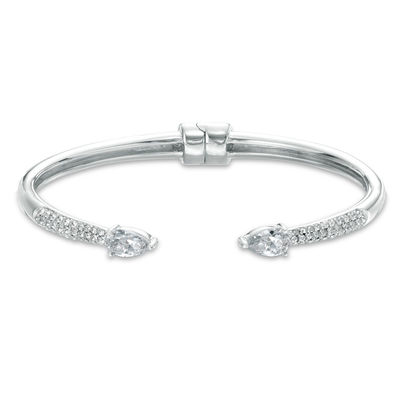 Pear-Shaped Cubic Zirconia and Crystal Hinged Cuff in Brass with White Rhodium