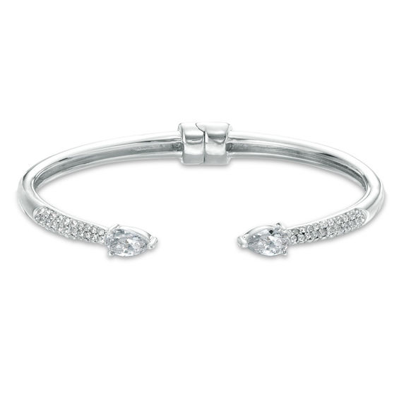 Pear-Shaped Cubic Zirconia and Crystal Hinged Cuff in Brass with White Rhodium