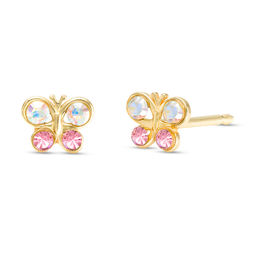 Iridescent White and Pink Crystal Butterfly Stud Piercing Earrings in 14K Solid Gold