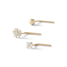 14K Semi-Solid, Hollow, and Solid Gold CZ Three Nose Stud Set - 22G