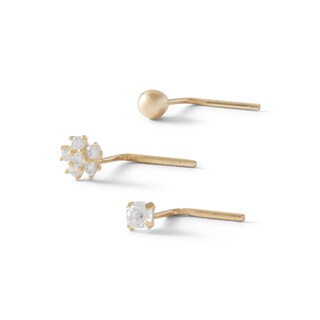 14K Semi-Solid, Hollow, and Solid Gold CZ Three Nose Stud Set