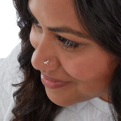 14K Solid Gold CZ Dragonfly L-Shape Nose Stud - 24"