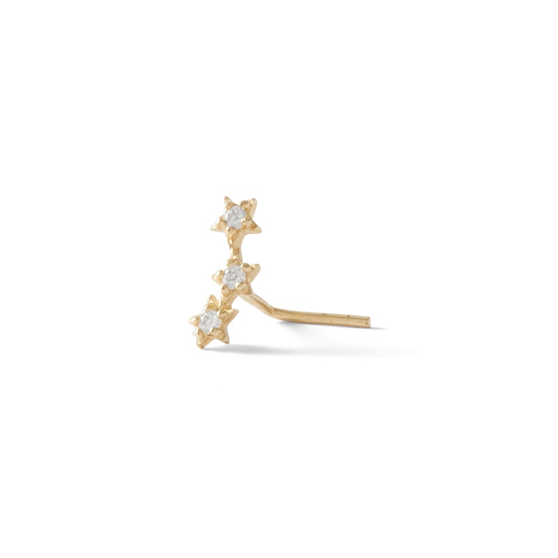 14K Solid Gold CZ Triple Star L-Shape Nose Stud - 24G