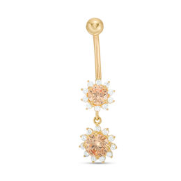 10K Solid Gold CZ Champagne and White Flower Frame Dangle Belly Button Ring - 14G