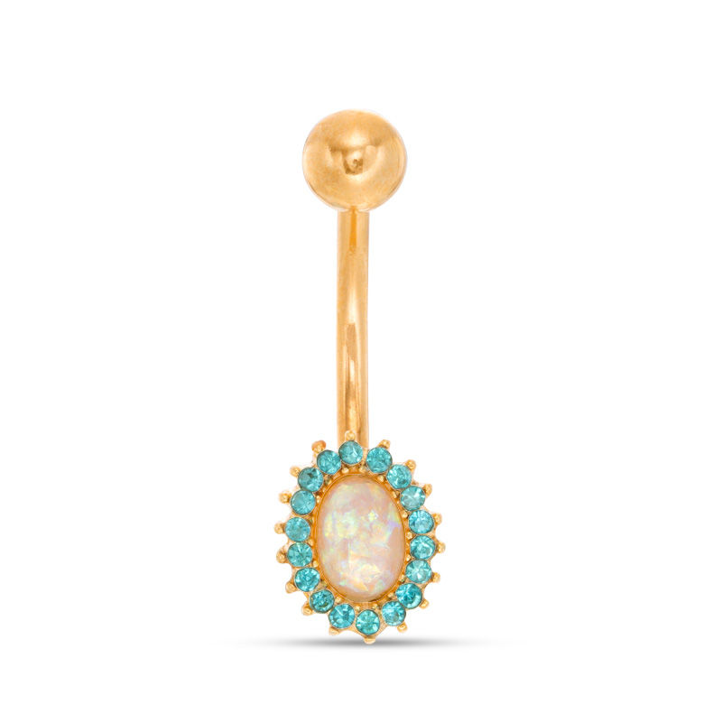 Main Image 1 of Yellow Ion Plated Oval Dichroic and Blue Crystal Frame Belly Button Ring - 14G 3/8"