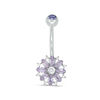 Thumbnail Image 0 of 014 Gauge Purple Crystal and White Cubic Zirconia Flower Curved Belly Button Ring in Solid Stainless Steel