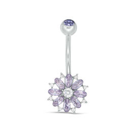 014 Gauge Purple Crystal and White Cubic Zirconia Flower Curved Belly Button Ring in Solid Stainless Steel