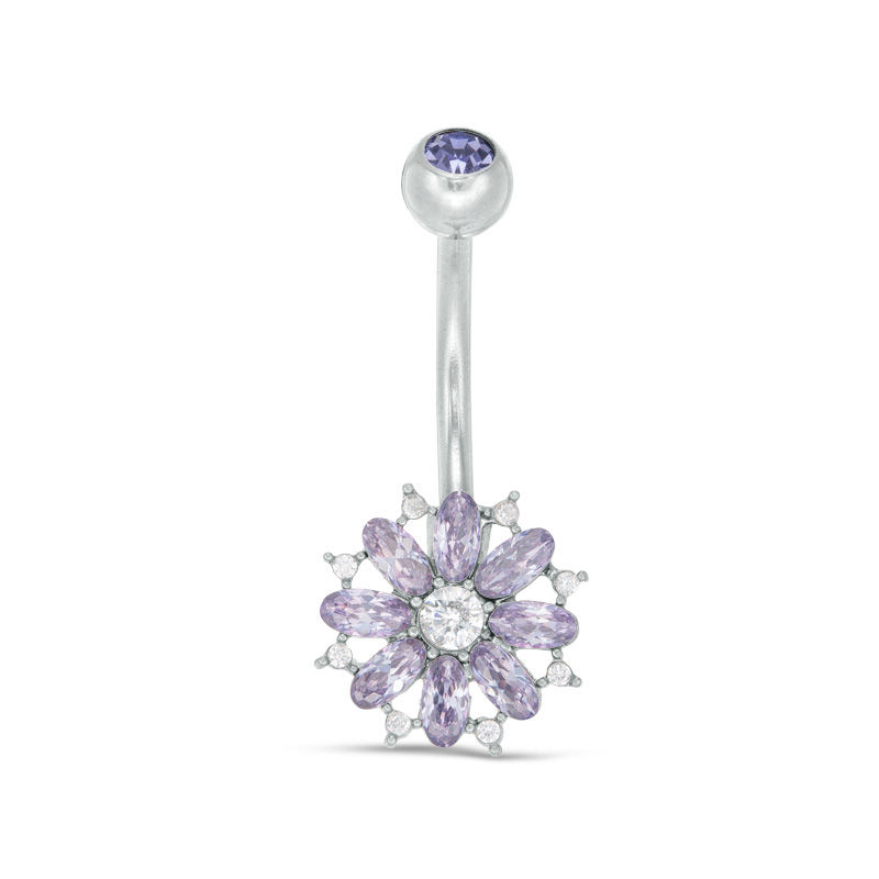 Main Image 1 of 014 Gauge Purple Crystal and White Cubic Zirconia Flower Curved Belly Button Ring in Solid Stainless Steel