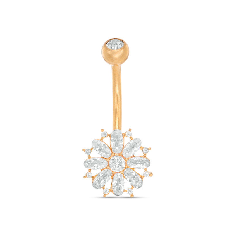 Main Image 1 of 014 Gauge Crystal and Cubic Zirconia Flower Curved Belly Button Ring in Stainless Steel with Yellow IP