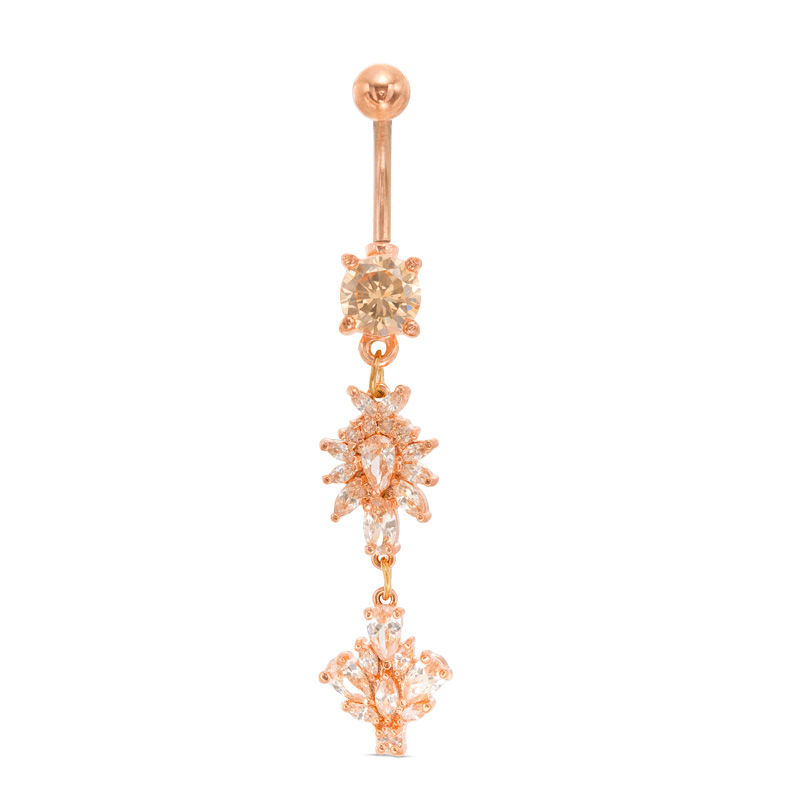 Rose Ion Plated CZ Dangle Belly Button Ring - 14G