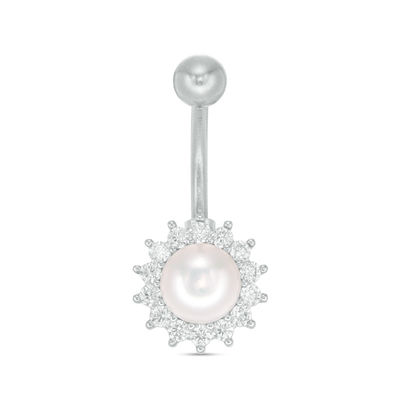 014 Gauge Pearl and Cubic Zirconia Frame Curved Belly Button Ring in Brass and Stainless Steel