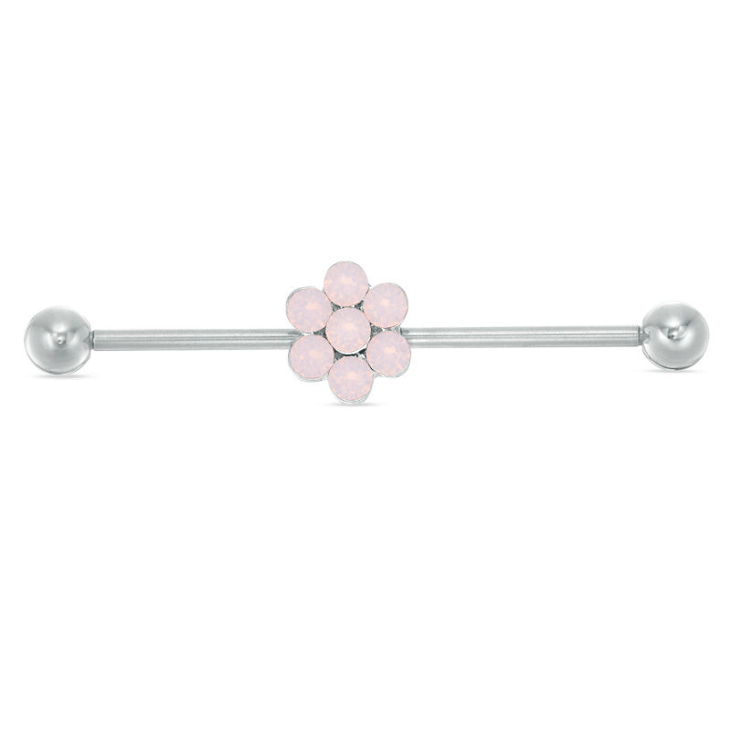 Main Image 1 of 014 Gauge 3mm Pink Crystal Flower Industrial Barbell in Stainless Steel