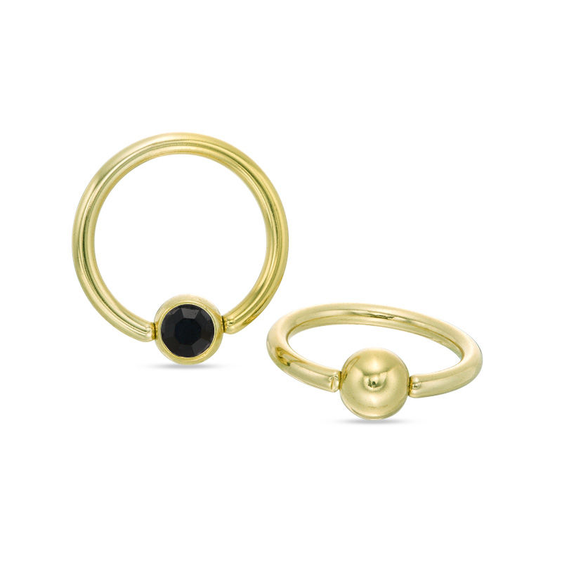 Main Image 1 of 016 Gauge 5mm Black Crystal Captive Bead Ring Pair in Stainless Steel with Yellow IP - 7/16"