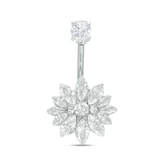 014 Gauge Marquise and Round Cubic Zirconia Flower Curved Belly Button Ring in Stainless Steel