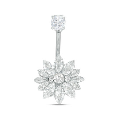 014 Gauge Marquise and Round Cubic Zirconia Flower Curved Belly Button Ring in Stainless Steel