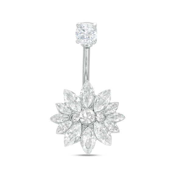 014 Gauge Marquise and Round Cubic Zirconia Flower Curved Belly Button Ring in Stainless Steel