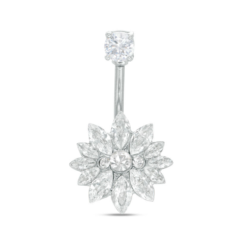 014 Gauge Marquise and Round Cubic Zirconia Flower Curved Belly Button Ring in Stainless Steel