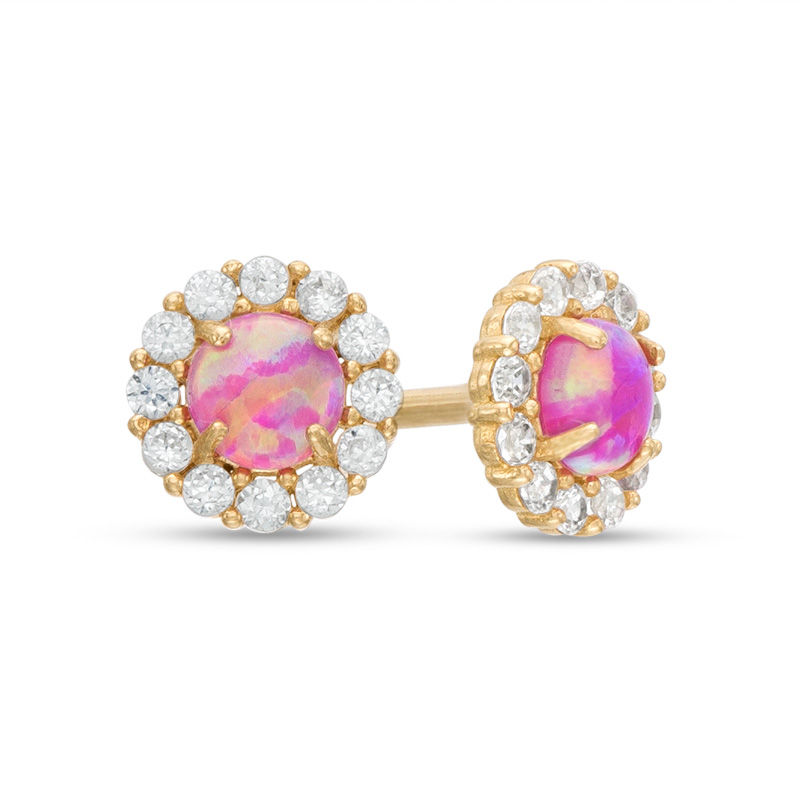 Main Image 1 of Child's Simulated Pink Opal and Cubic Zirconia Frame Stud Earrings in 14K Gold