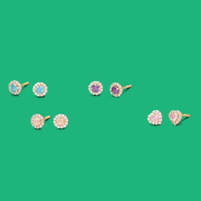 Child's Simulated Pink Opal and Cubic Zirconia Frame Stud Earrings in 14K Gold