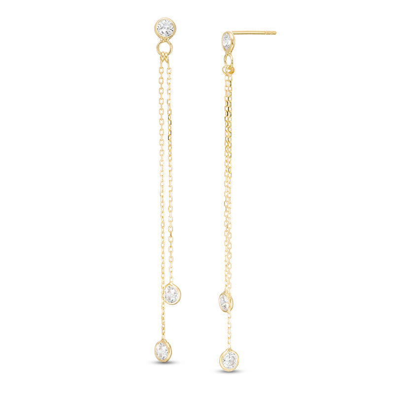 Made in Italy 3.2mm Bezel-Set Cubic Zirconia Double Linear Chain Drop Earrings in 10K Gold