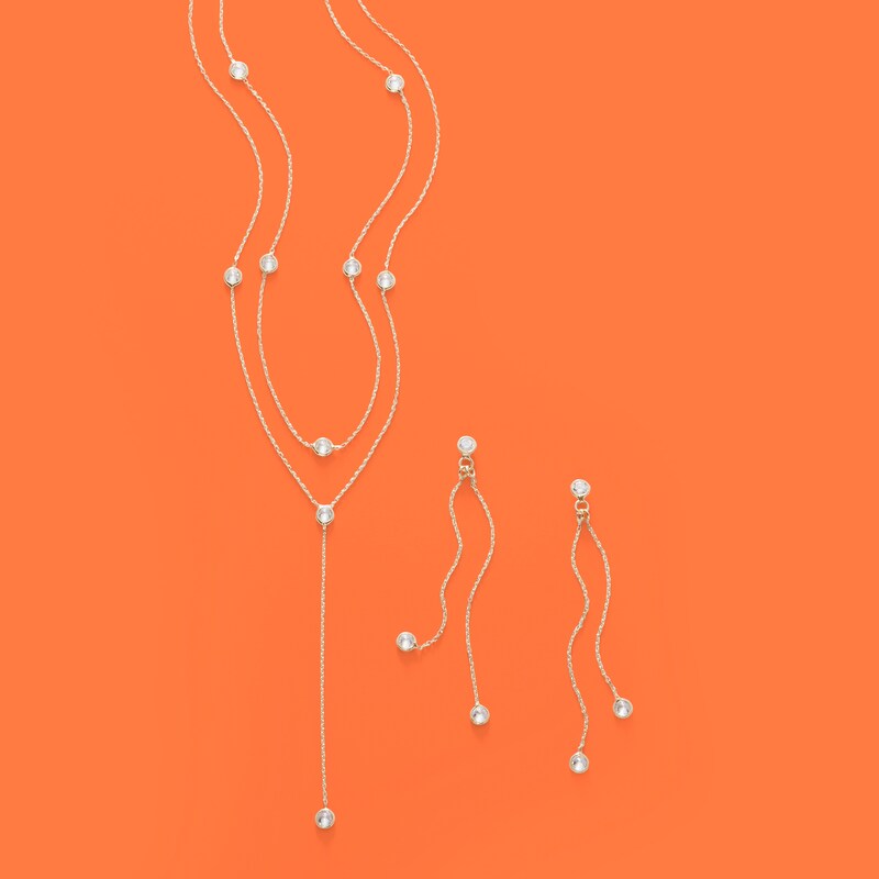 Made in Italy 3.2mm Bezel-Set Cubic Zirconia Double Linear Chain Drop Earrings in 10K Gold