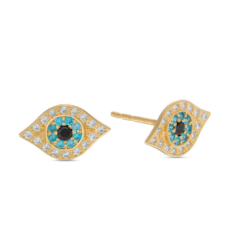 Black, Blue and White Cubic Zirconia Evil Eye Stud Earrings in 10K Gold