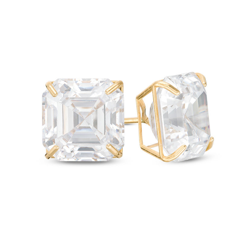 10mm Square-cut Yellow Cubic Zirconia Solitaire Stud Earrings in 14K Gold