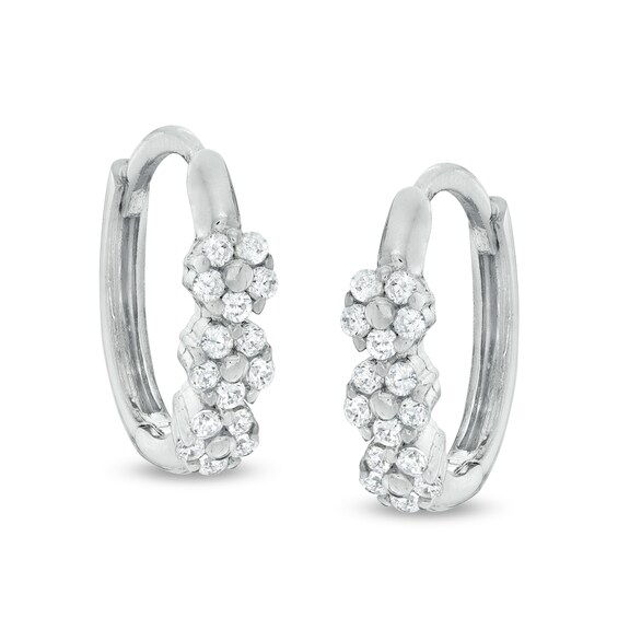 Cubic Zirconia Triple Flower Huggie Hoop Earrings in Sterling Silver