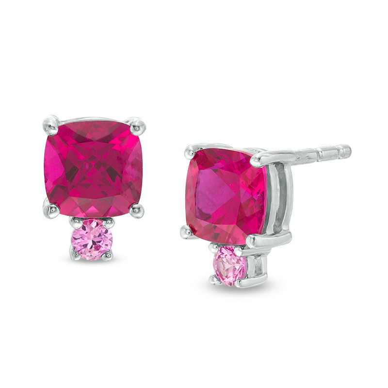 Main Image 1 of 6mm Cushion-Cut Lab-Created Ruby and Pink Sapphire Accent Stud Earrings in Sterling Silver
