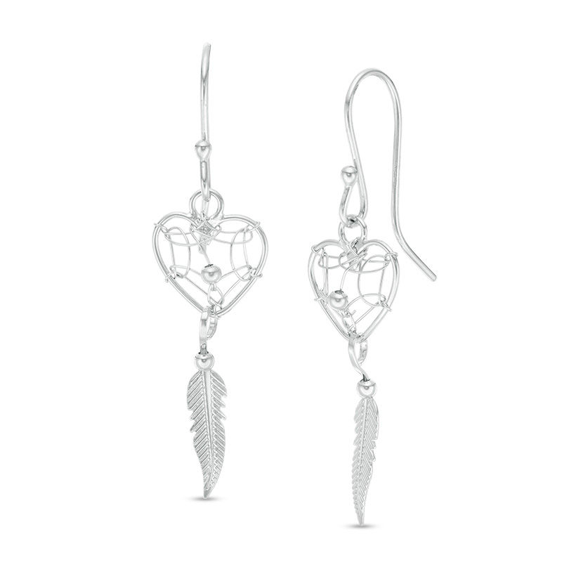 Heart-Shaped Dream Catcher with Feather Dangle Drop Earrings in Sterling Silver