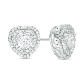 Solid Sterling Silver 5mm Heart-Shaped CZ Double Frame Studs