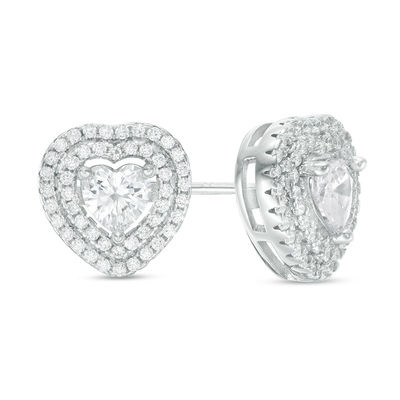 Solid Sterling Silver 5mm Heart-Shaped CZ Double Frame Studs