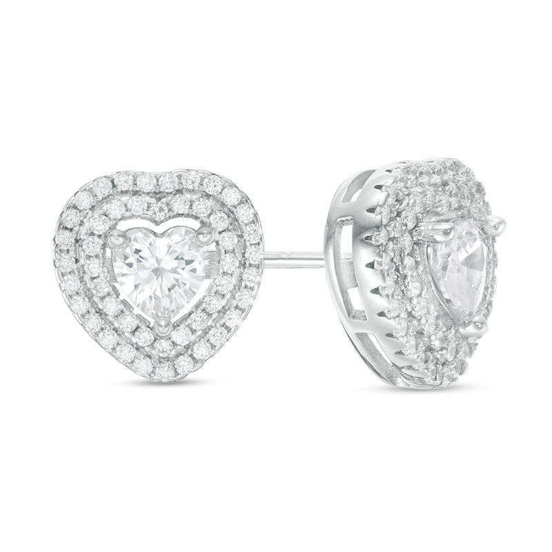 Solid Sterling Silver 5mm Heart-Shaped CZ Double Frame Studs