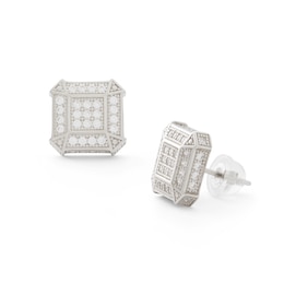 Cubic Zirconia Square Composite Frame Vintage-Style Stud Earrings in Solid Sterling Silver