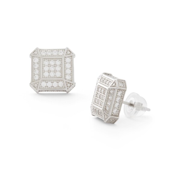 Cubic Zirconia Square Composite Frame Vintage-Style Stud Earrings in Solid Sterling Silver