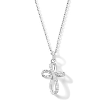 Solid Sterling Silver CZ Looping Ribbon Cross Pendant - 18"
