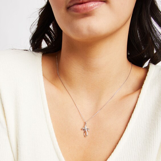 Solid Sterling Silver CZ Looping Ribbon Cross Pendant - 18"