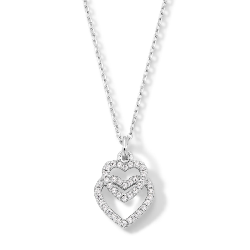 Cubic Zirconia Graduated Double Heart Outline Drop Pendant in Sterling Silver