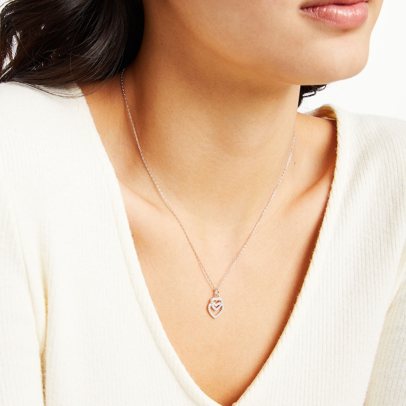 Main Image 2 of Cubic Zirconia Graduated Double Heart Outline Drop Pendant in Sterling Silver
