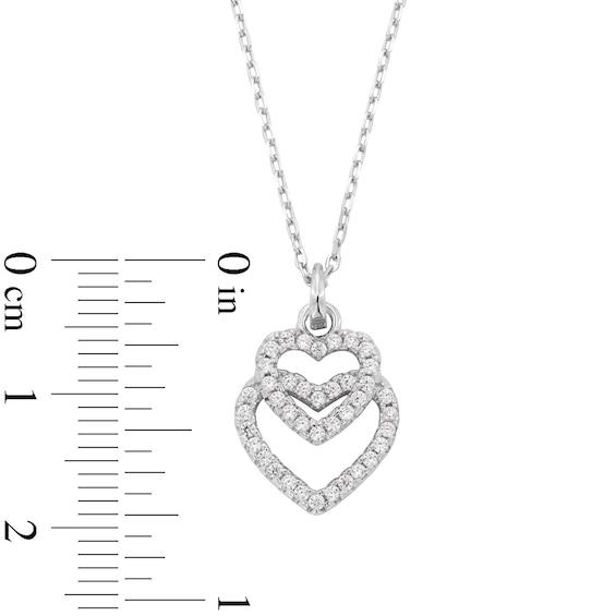 Solid Sterling Silver CZ Graduated Double Heart Outline Drop Pendant - 18"