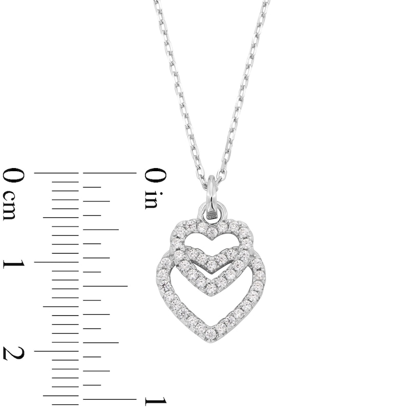 Cubic Zirconia Graduated Double Heart Outline Drop Pendant in Sterling Silver