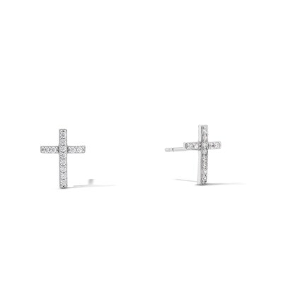 Solid Sterling Silver CZ Large Cross Studs