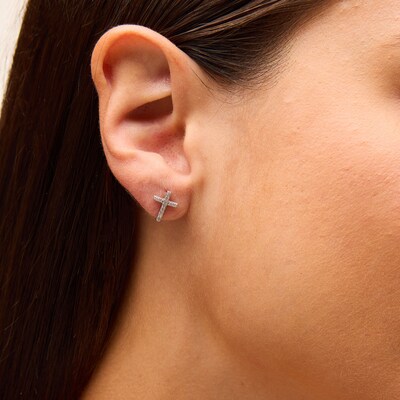 Solid Sterling Silver CZ Large Cross Studs