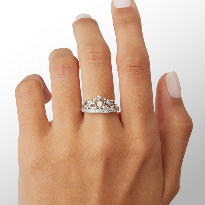 Lab-Created Opal and White Sapphire Heart Crown Vintage-Style Ring in Sterling Silver - Size 8