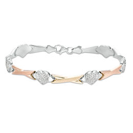 Crystal Bead Cluster Heart Station and Criss-Cross Link Bracelet in Sterling Silver and 10K Two-Tone Gold - 7.25&quot;