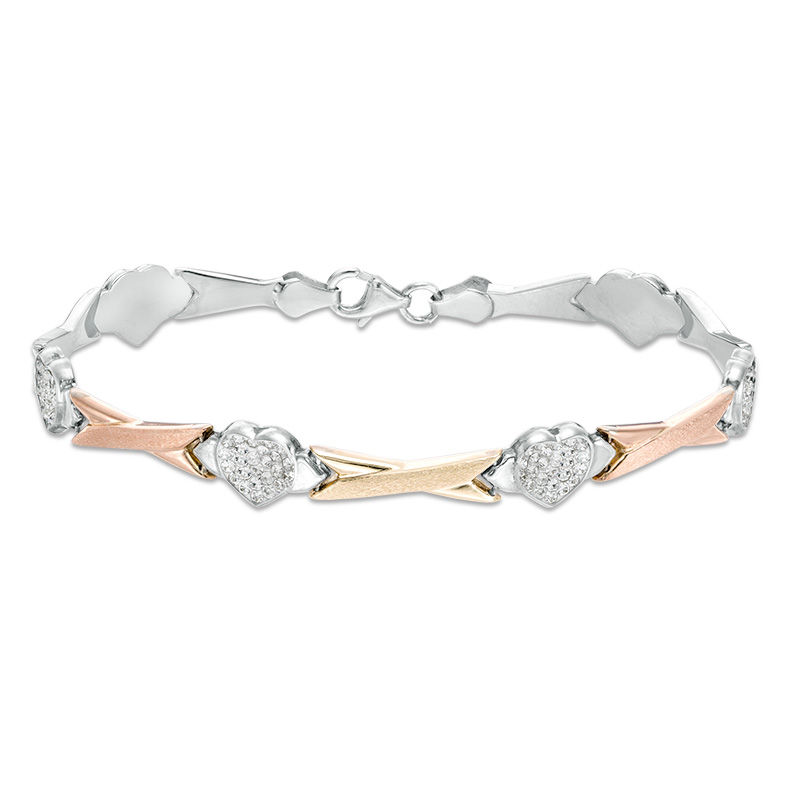 Main Image 1 of Crystal Bead Cluster Heart Station and Criss-Cross Link Bracelet in Sterling Silver and 10K Two-Tone Gold - 7.25"