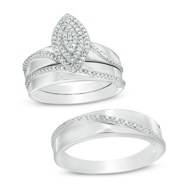 1/10 CT. T.W. Composite Diamond Double Marquise Frame Bypass Wedding Ensemble in Sterling Silver -  Size 7 and 10